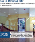 Image showing dimmable 6 Inch Recessed LED Ceiling Light 12 Pack Dimmable Canless Wafer Light illuminating a hallway in various brightness levels from 5% to 100%.
