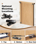 Heavy Hitter Hidden Door Pivot Hinge With Slick 360 Degree Rotation And Rock Solid Stainless Steel Hardware Kit For Secret Bookshelf And Swing Door Upgrades In Sleek Matte Black Finish showing mounting location options on a wooden door.