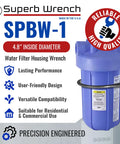 Heavy Duty Metal Water Filter Housing Wrench Built To Last 4.8 Inch Inside Diameter Fits Pentek 150295 American Plumber 152037 Culligan HF Series US Water 2.5x10 And 20 Inch Housings, shown with blue housing and durability icons.