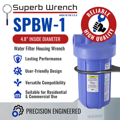Heavy Duty Metal Water Filter Housing Wrench Built To Last 4.8 Inch Inside Diameter Fits Pentek 150295 American Plumber 152037 Culligan HF Series US Water 2.5x10 And 20 Inch Housings, shown with blue housing and durability icons.