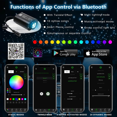 App interface for Mini 6W RGBW Fiber Optic Star Ceiling Kit With Music Activated Twinkle Lights control via smartphones.