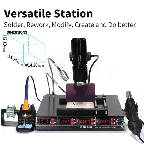 4 in 1 Pro Grade Infrared BGA Soldering Station With Preheater, Hot Air Rework, and Soldering Iron on display table