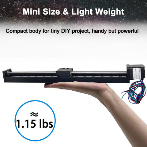 Person holding 10 Inch Stroke Mini Linear Rail Stage Actuator For DIY CNC Router X Y Z Travel 250mm With NEMA11 Stepper Motor