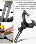 Slick Adjustable Edge Guide For Fixed Base Compact Router With Quick Swap Mount and Dual Scale Markers for precise routing adjustments.