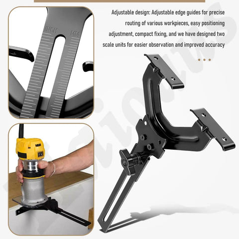 Slick Adjustable Edge Guide For Fixed Base Compact Router With Quick Swap Mount and Dual Scale Markers for precise routing adjustments.
