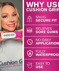 Person holding Thermoplastic Denture Adhesive That Refits And Tightens Loose Dentures For A Long Lasting Snug Fit 1 oz with benefits list