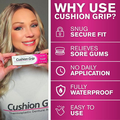 Person holding Thermoplastic Denture Adhesive That Refits And Tightens Loose Dentures For A Long Lasting Snug Fit 1 oz with benefits list