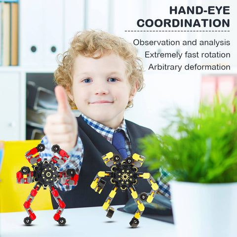 Child playing with Transformable Fidget Spinner Set Of 20 Pieces With Dope Sensory Chain Robots Diy Deformed Mechanical Spiral Spinners For Stress Relief And Focus Great Halloween And Christmas Gift Stuffer For Kids Teens And Adults