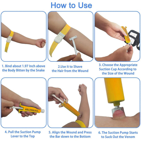 Instructional image showing the use of Beefed Up Snake Bite Kit With Venom Extractor Suction Pump For Humans And Pets