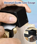 Pro Grade Dovetail Jig Marker And Saw Gauge Set For Woodworking And Furniture Building With Eight Versatile Modules showing a user adjusting a black guide saw gauge.