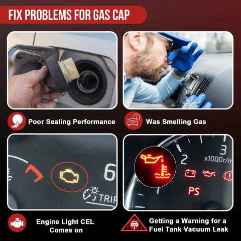Infographic showing signs such as poor sealing and engine light indicating need for Gas Cap With Two Tether Ropes For Jeep Dodge Chrysler Ram Fiat Plymouth Mitsubishi Wrangler JK TJ Cherokee Ram 1500 2500 3500 Charger Challenger Dart Durango Journey Town And Country Aspen Sebring.