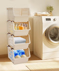 4 Pack Stacking Storage Baskets Featuring Open Front Design Effortless Grab and Go Beige Home Organization Essentials No Cap Your Pantry Will Thank You For This Clean Sweep Setup 11X13.8X8.7 arranged with cosmetics, towels, and cleaning supplies