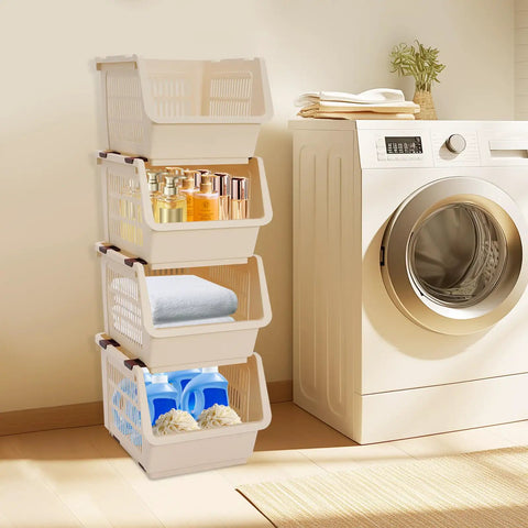 4 Pack Stacking Storage Baskets Featuring Open Front Design Effortless Grab and Go Beige Home Organization Essentials No Cap Your Pantry Will Thank You For This Clean Sweep Setup 11X13.8X8.7 arranged with cosmetics, towels, and cleaning supplies