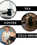 50 Oz Stainless Steel Thermal Coffee Carafe Insulated Vacuum Double Walled Beverage Dispenser With Tea Infuser And Strainer displayed with drinks