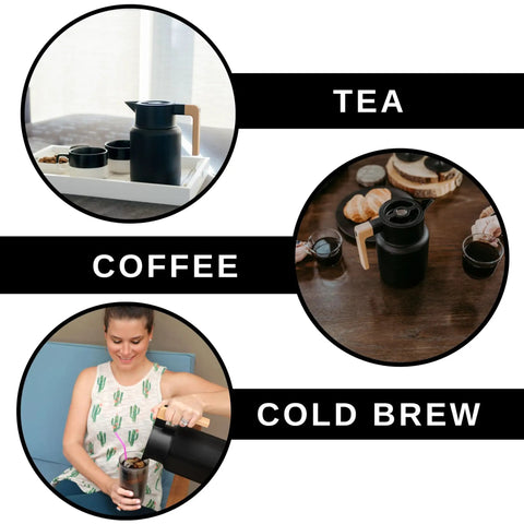 50 Oz Stainless Steel Thermal Coffee Carafe Insulated Vacuum Double Walled Beverage Dispenser With Tea Infuser And Strainer displayed with drinks