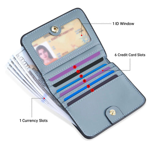 Women’s Slim Leather Wallet With RFID Protection open view showing ID window, 6 card slots, currency slot, blue waxed leather