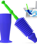 Water Powered Heavy Duty Toilet Plunger With Bellows Design Slim Targeted Nozzle Clears Clogs Fast On Any Toilet Works On Low Flow Elongated Or Modern Toilets Unblocker For Bathroom Use Blue shown with holder and in use.