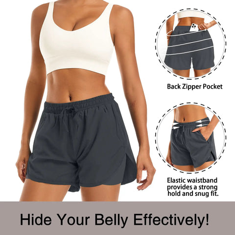 2 In 1 Women's Running Shorts With Built In Mesh Liner And Zip Pockets Double Layer Athletic Workout Shorts Deep Grey Size M