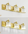 Image showing 'Gold Crystal Vanity Light for Bathroom, Modern 3 Light Vanity Fixture, Dimmable E26 Socket, 23.6 Inch Long Bath Bar with Crystal Glass, Premium Gold Finish' with lights off and on.