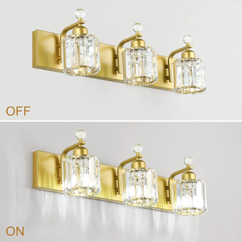 Image showing 'Gold Crystal Vanity Light for Bathroom, Modern 3 Light Vanity Fixture, Dimmable E26 Socket, 23.6 Inch Long Bath Bar with Crystal Glass, Premium Gold Finish' with lights off and on.