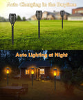 8 Pack Solar Tiki Torch Lights With Realistic Flickering Flame For Outdoor Garden Decor Waterproof LED Pathway And Patio Yard Lights That Charge In Sun Weatherproof And Easy To Install during day and night