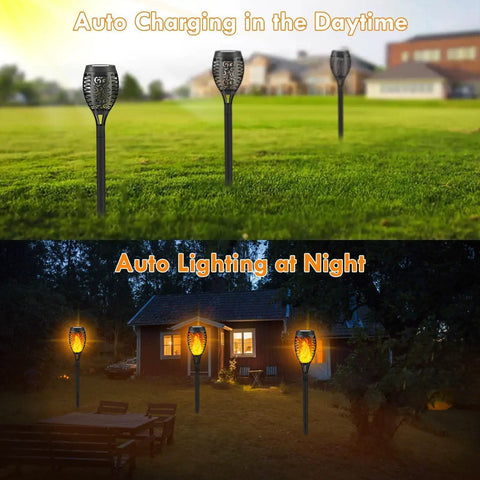 8 Pack Solar Tiki Torch Lights With Realistic Flickering Flame For Outdoor Garden Decor Waterproof LED Pathway And Patio Yard Lights That Charge In Sun Weatherproof And Easy To Install during day and night