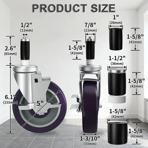5 Inch Expanding Stem Caster Set Of 4 With Brakes For Table Legs, Adjustable Mounting Height Up To 6.1 Inches, product size display