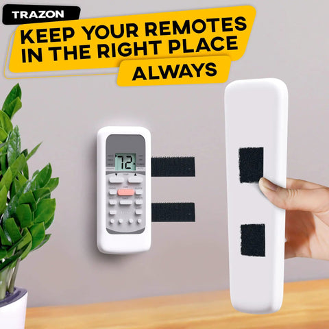 Heavy Duty Hook And Loop Tape Roll With Super Sticky Adhesive Backing Badass Industrial Fastening Strips That Cling Like Crazy And Rip Clean In Black One Inch securing a remote on a wall.
