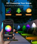 8 Pack Smart RGBW Outdoor Landscape Lights With IP65 Waterproof in garden with app control showing color options and holiday modes