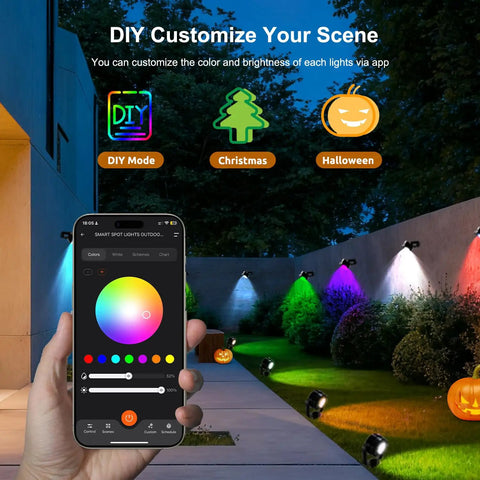8 Pack Smart RGBW Outdoor Landscape Lights With IP65 Waterproof in garden with app control showing color options and holiday modes