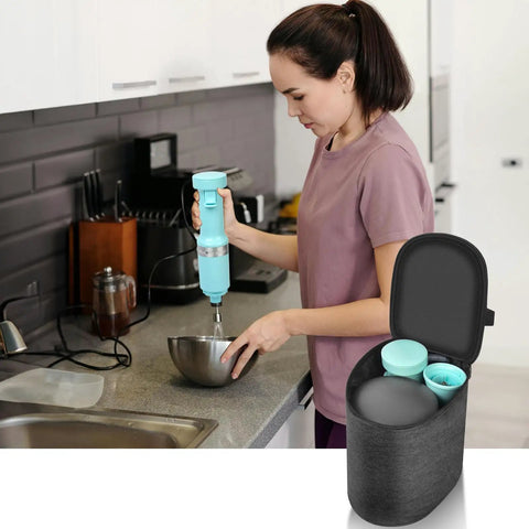 Custom Snug Storage Sleeve For KitchenAid Hand Blender KHBV53 Dishwasher Safe Arm Guard Holder with jar lid pouch in use.