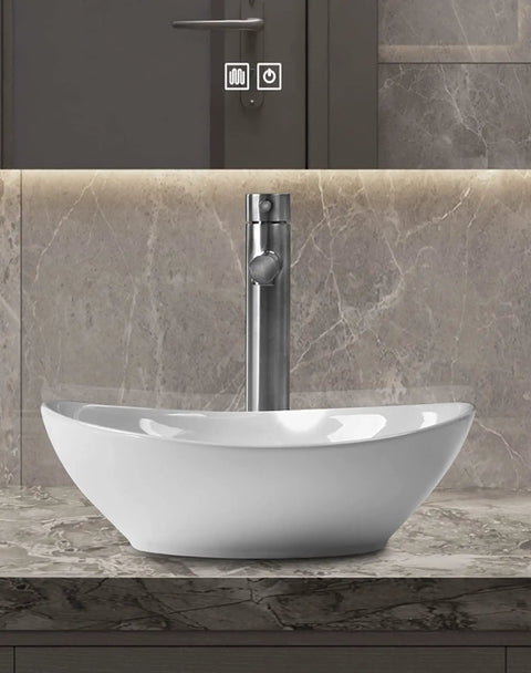 Bathroom Vessel Sink Set 15x12 Inch Oval Ceramic Vessel Sink Basin With Pop Up Drain Faucet Modern Egg Shape Above Counter Vanity Bowl Glossy White Easy To Install in bathroom setting.