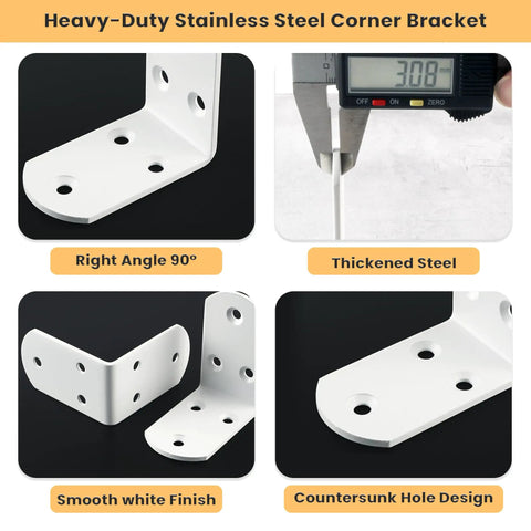White L Brackets For Wood Furniture 4 Pack Heavy Duty Corner Supports Stainless Steel Shelf Connectors showing thickness and smooth finish.