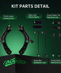 Beefed-Up Front End Suspension Kit For 2012-2019 VW Beetle And 2012-2022 Passat Includes 2 Front Lower Control Arms With Ball Joints, 2 Sway Bar Links, And 4 Outer And Inner Tie Rod Ends displayed against green background showcasing components.