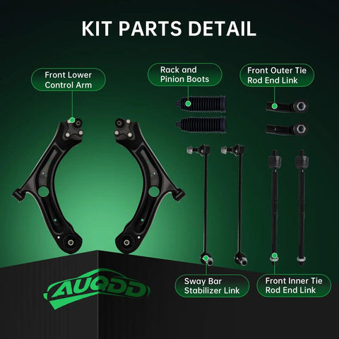 Beefed-Up Front End Suspension Kit For 2012-2019 VW Beetle And 2012-2022 Passat Includes 2 Front Lower Control Arms With Ball Joints, 2 Sway Bar Links, And 4 Outer And Inner Tie Rod Ends displayed against green background showcasing components.