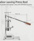 Travel Friendly Manual Lever Espresso Maker With Hand Press Setup And 58mm Basket showing labor-saving press rod design.
