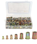Rock Solid 260 Piece Rivet Nut Assortment Kit Featuring Metric M3 to M12 Inserts For Metal And Carbon Steel Projects With Yellow Zinc Plating Finish in storage case