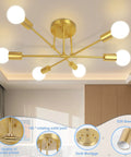 Six Arm Gold Sputnik Ceiling Light Fixture Dope Modern Chandelier Flush Mount in room, showing E26 base and gold details