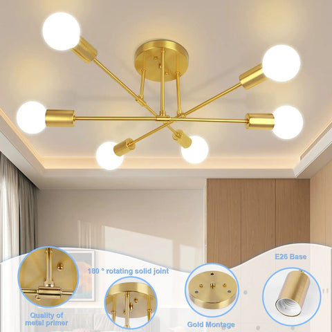 Six Arm Gold Sputnik Ceiling Light Fixture Dope Modern Chandelier Flush Mount in room, showing E26 base and gold details