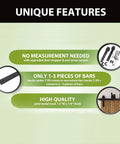 Infographic of unique features for Triple Track Bypass Sliding Barn Door Hardware Kit, showing quality and minimal assembly needed.