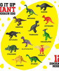 Jumbo Dino Egg Dig Kit With 12 Surprising Dino Toys displaying dinosaur figures on a yellow background.