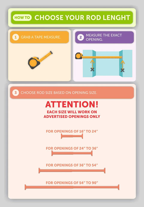 Infographic showing how to measure window for Heavy Duty Spring Tension Curtain Rod, Adjustable 54 to 90 Inches, steps with tape measure.