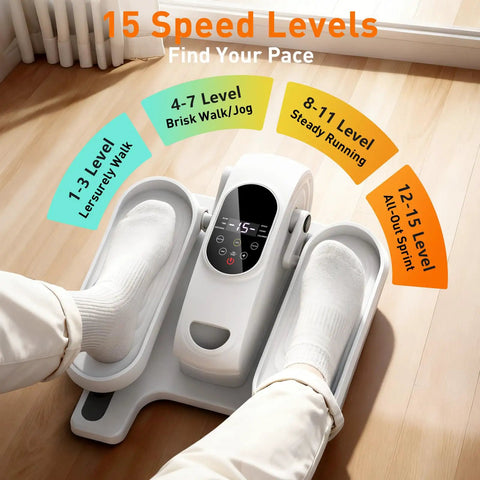 Person using Under Desk Elliptical Pedal Exerciser for Home Office with 15 speeds displayed, illustrating workout intensity levels.