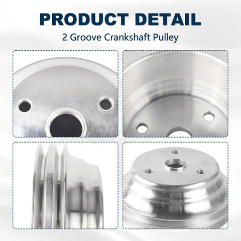 Beefy Aluminum Small Block Chevy Water Pump With 1 Groove Long Pulley And 2 Groove Crankshaft Pulley LWP close-up details