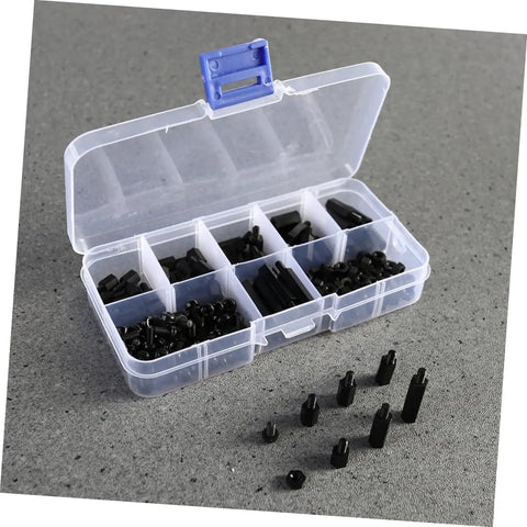 300 Pcs Nylon Spacers Nuts And Screws Assortment Kit In Black And White With Plastic Storage Box For Electronics DIY Projects Easy To Install Durable Nylon Spacers And Nuts And Screws, open box