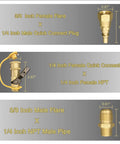 7 Piece Propane Quick Connect Fittings Set For RV To Grill Hookups With 3/8 Inch Flare To 1/4 Inch NPT Male Adapters, Shutoff Valve, Full Flow Quick Connect Plug, And Multi shown with measurements