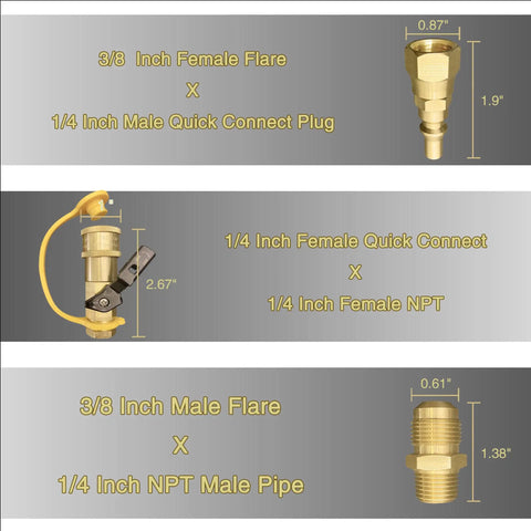 7 Piece Propane Quick Connect Fittings Set For RV To Grill Hookups With 3/8 Inch Flare To 1/4 Inch NPT Male Adapters, Shutoff Valve, Full Flow Quick Connect Plug, And Multi shown with measurements