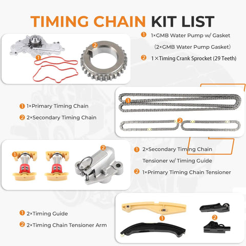Timing Chain Kit With Water Pump Tensioner Guide For Ford Edge Explorer F150 Flex Mustang Taurus Transit Lincoln 3.5L 3.7L V6 DOHC Engine Replacement AT4Z6268A parts diagram