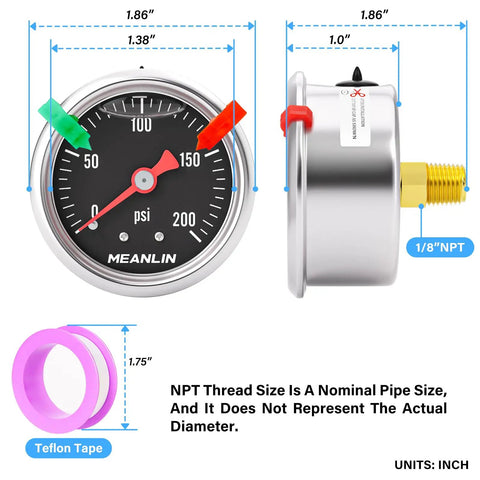 Stainless Steel Liquid Filled Pressure Gauge WOG 0-200 PSI, 1/8 NPT, 1.5 Inch Dial, Back Mount with Teflon tape