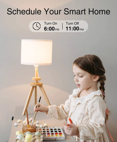 Little girl painting near lamp connected to Dual Smart Plug Outlet Extender With Surge Protector, scheduled on screen